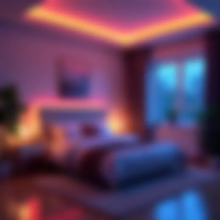 Colorful LED strip lights illuminating a cozy bedroom