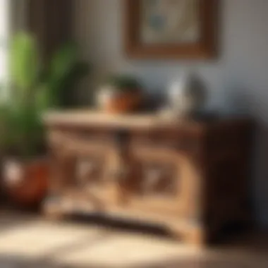 Rustic Wooden Chest with Intricate Carvings Rustic wooden chest with intricate carvings and a cozy ambiance