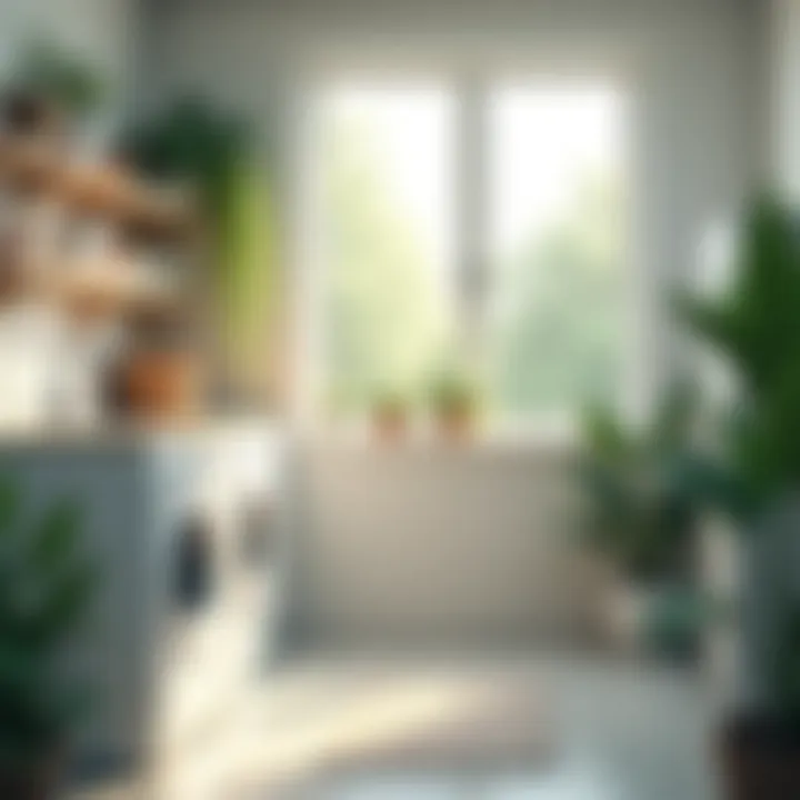 A serene laundry room with natural light and plants