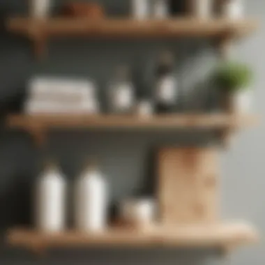 Close-up of rustic shelving with unique storage solutions