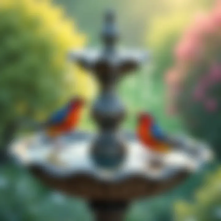 Colorful birds enjoying the bird bath water fountain