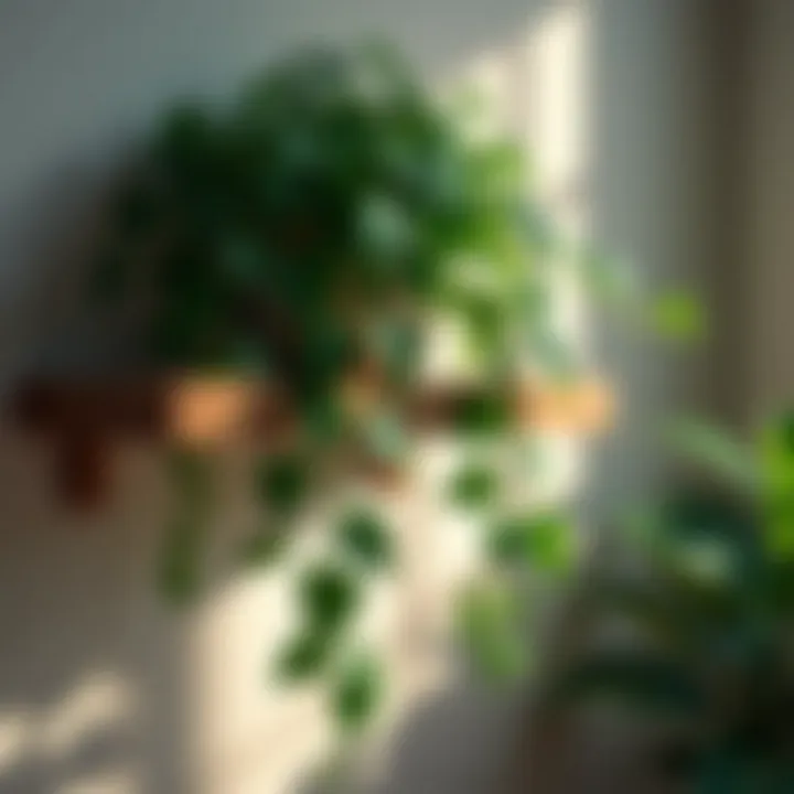 Pothos vine elegantly cascading down a shelf in low light