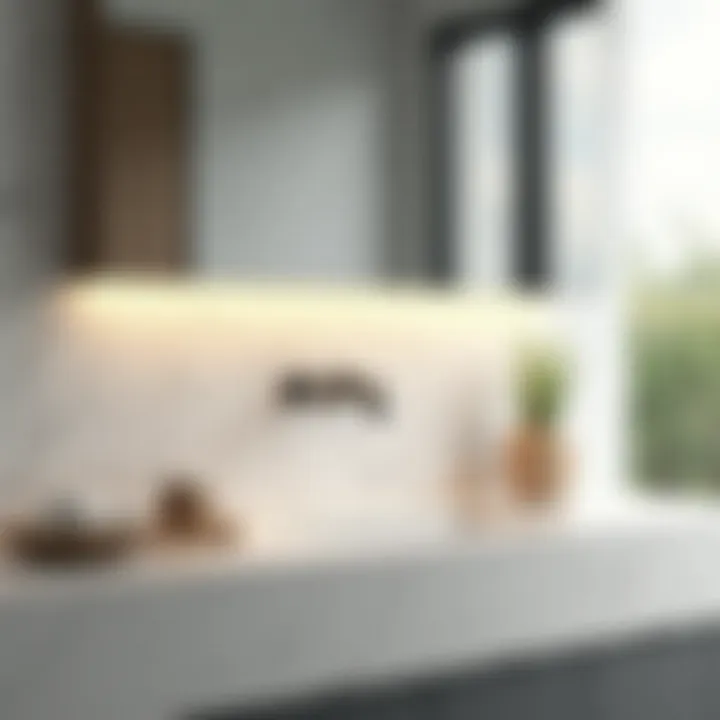 Minimalistic glass panel backsplash reflecting light beautifully