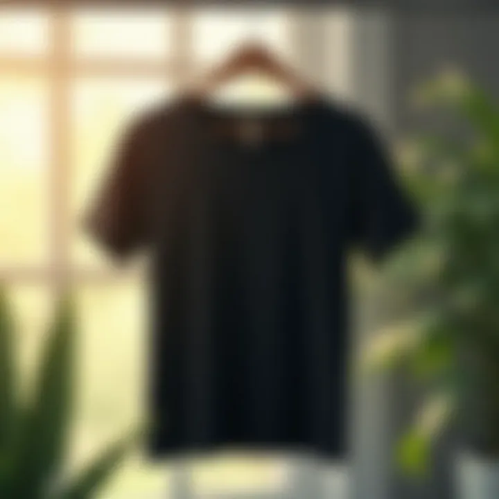 A vibrant black shirt hanging in sunlight, showcasing color retention