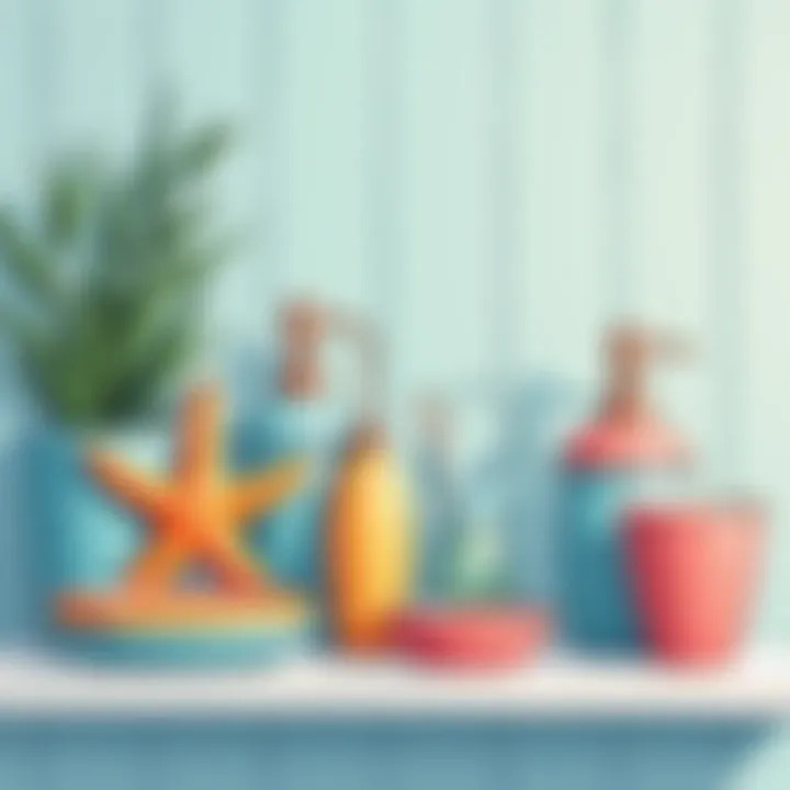 Colorful starfish-themed bathroom accessories displayed on a shelf