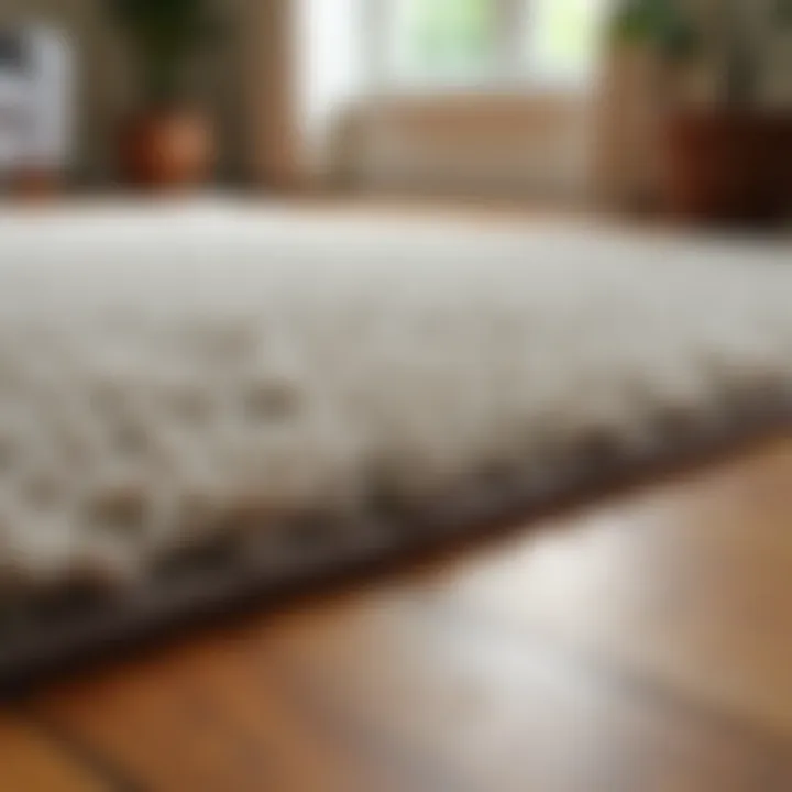 Close-up of a rich-textured area rug on hardwood flooring.