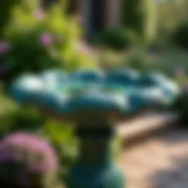 Close-up of the intricate design details on a Toscano bird bath