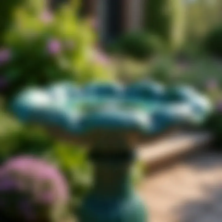 Close-up of the intricate design details on a Toscano bird bath