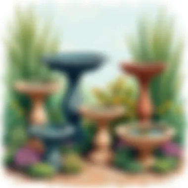 An array of Toscano bird baths showcasing diverse styles and materials